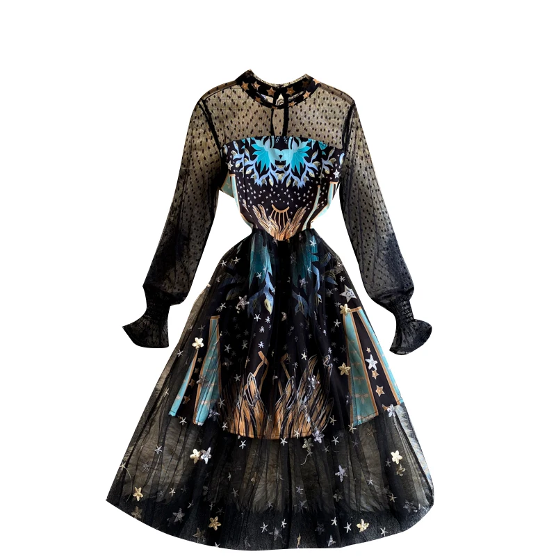 

2021 spring new women o-neck puff sleeve bronzing stars print gauze A-line dress female Chic elegant waist mesh dresses