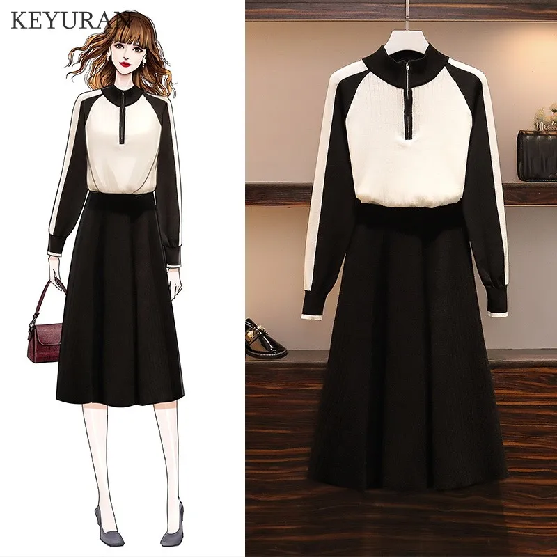 Женский винтажный трикотажный комплект из юбки элегантный пуловер с длинным