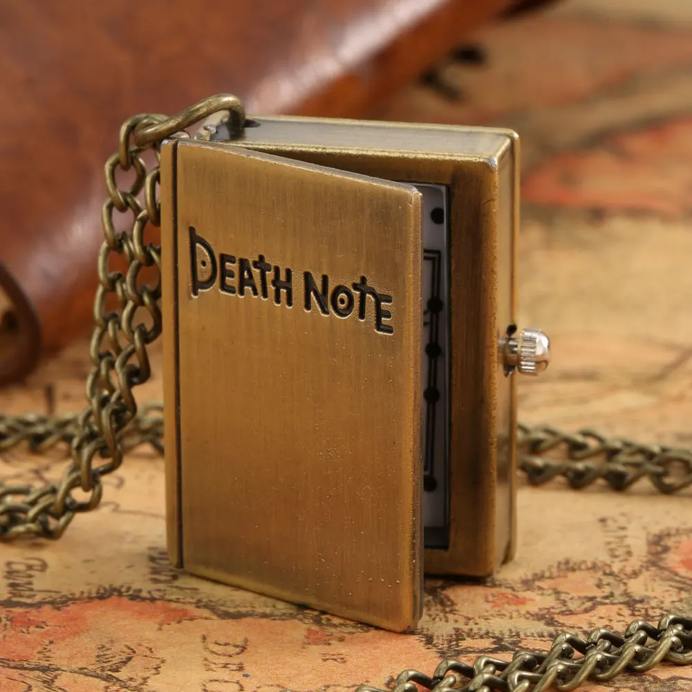 

Vintage Unique Bronze Death Note Book Quartz Pocket Watch Small Little Necklace Pendant Watches Popular Gift Relogio De Bolso