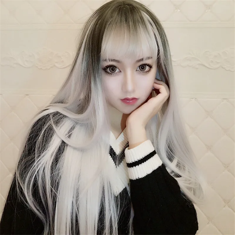 

New two-dimensional anime Harajuku air bangs black gradient white black gradient gray long straight hair cosplay anime wig