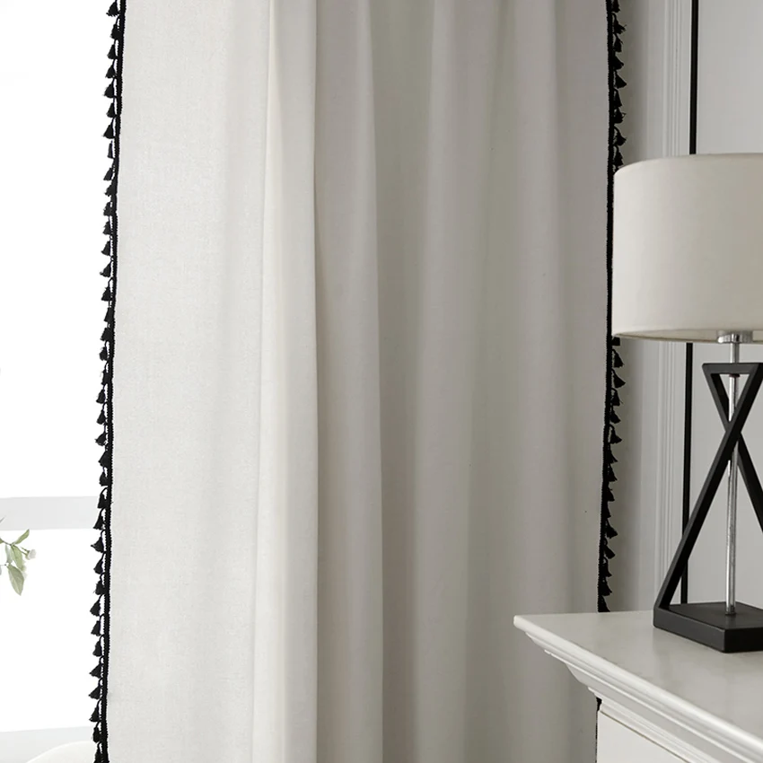 

Занавеска из хлопка и льна, белая, с черными кисточками