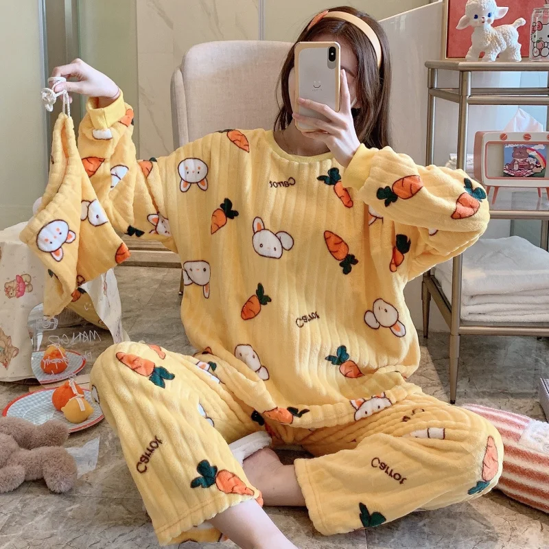 

Winter Warm Pajamas Set For Women Kawaii Cute Tops With Trousers 2 Piece Home Clothes Suits Velvet Sleepwear Ladies Pijama Mujer