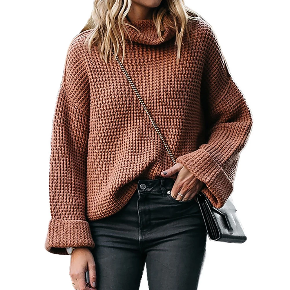 

VICABO Solid Color Waffles Sweater Women Autumn Winter Long Sleeve Loose Casual Knitted Pullover Turtleneck Office Jumper
