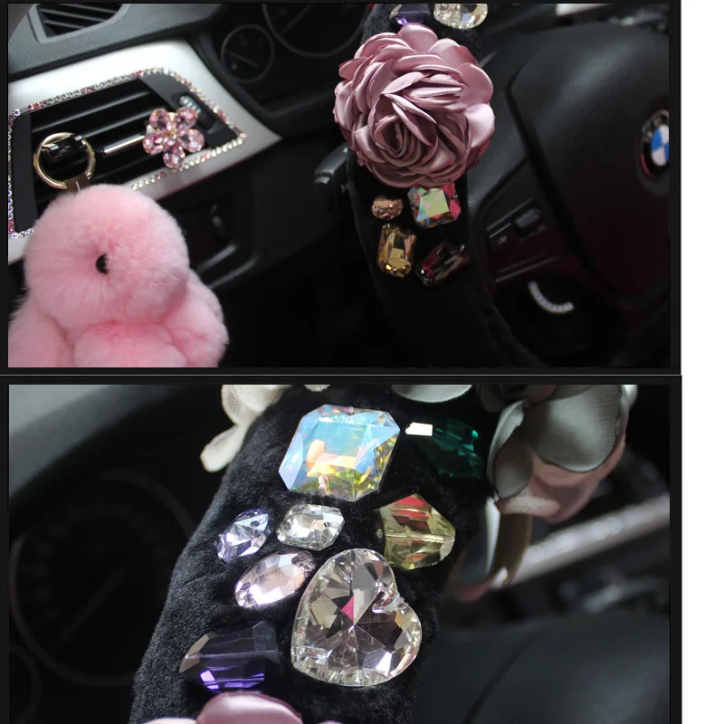 

Fashion Winter Plush Fur Car Steering Wheel Cover with Rose Crystal Rhinestone Steering-Wheel Cases For Women Girls