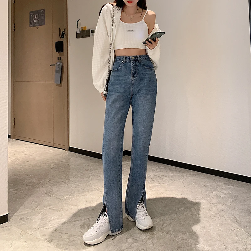 

ZHISILAO New High Waist Straight Jeans Women Plus Size Vintage Boyfriend Mom Split Denim Pants Wide Leg Jeans Streetwear 2021