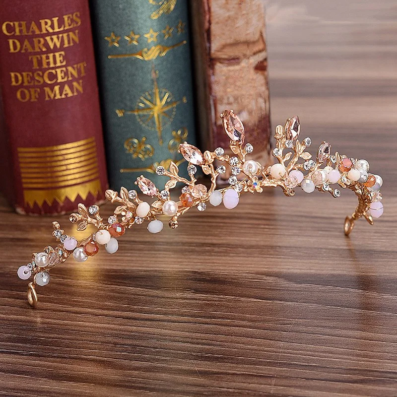 Baroque Rhinestone Pink Crystal Beads Bride Crown Tiara Wedding Bridal Diadem Headpiece Hair Accessories Jewelry | Украшения и