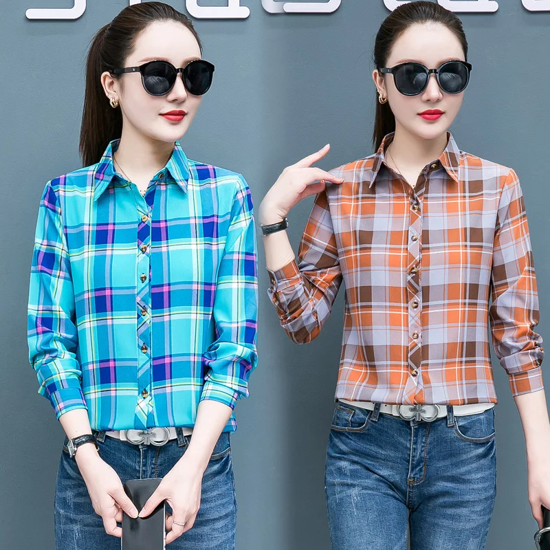 

Autumn Korean Women Shirt Casual Streetwear Vintage Blue Plaid Women Clothes Long Sleeve Office Blouse Tops Office Ladies Shirt
