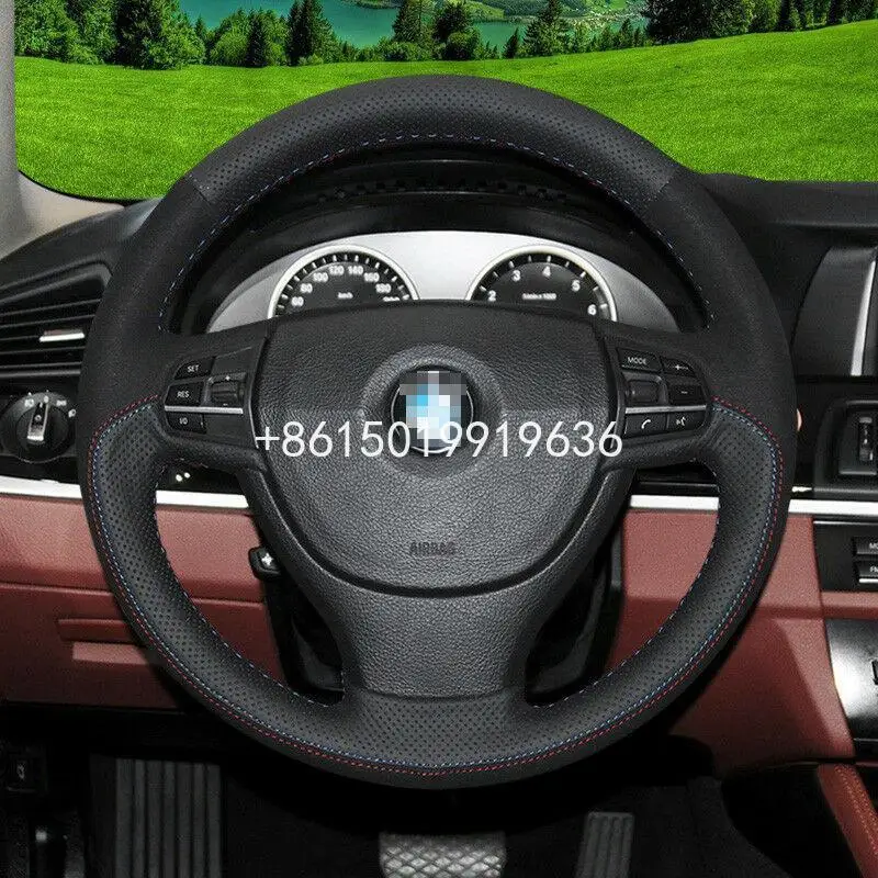 

Top Black Suede Leather Car Steering Wheel Hand-stitch on Wrap Cover For BMW 325 Sport