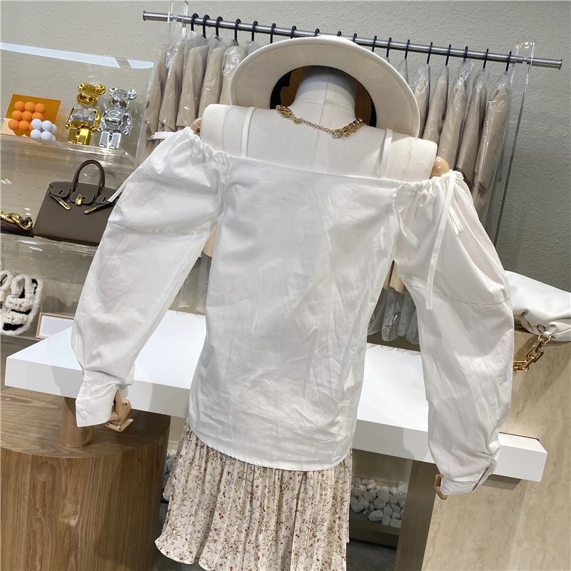 

Niche Design 2021 A Word Shoulder Strap Off-the-shoulder Condole Top Pure Color Leisure Long-sleeved Top