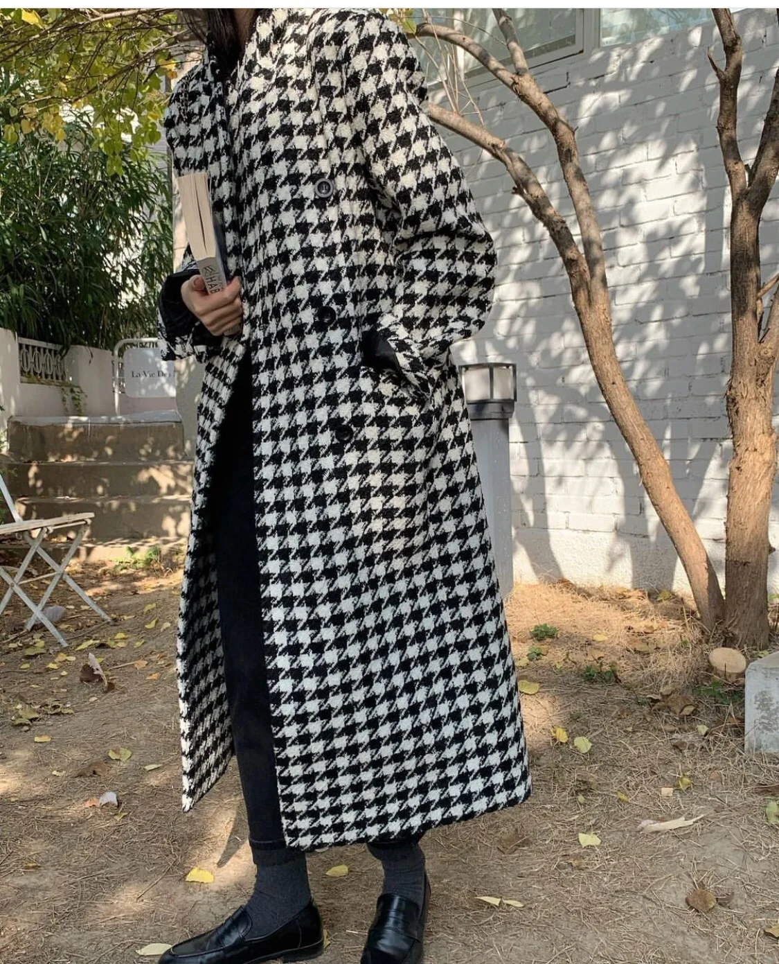 

Women Autumn Winter Plaid Casual Houndstooth Jacket Woolen Blends Long Sleeves Loose Coat Outerwear Fashion Oversized Cloak