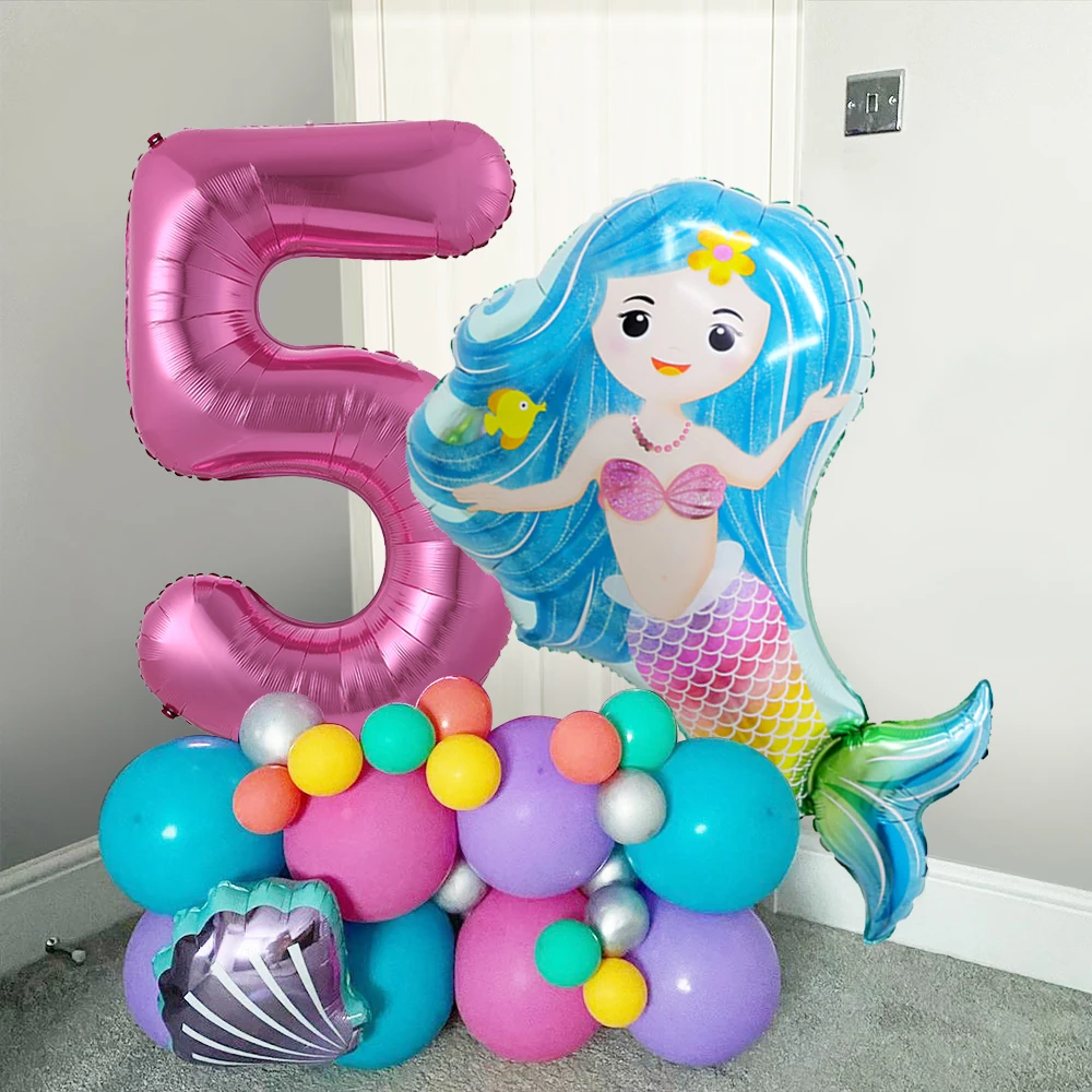 

44pcs/set Blue Mermaid Party Balloons Ocean Theme 1st Birthday Girl Princess Number Helium Globos Baby Shower Party Favors