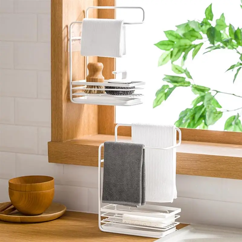 

Kitchen Drain Rag Rack Towel Rag Storage Rack with Drain Tray Dishcloth Sponge Towel Dish Brush Holder Wall Mounted/Tabletop
