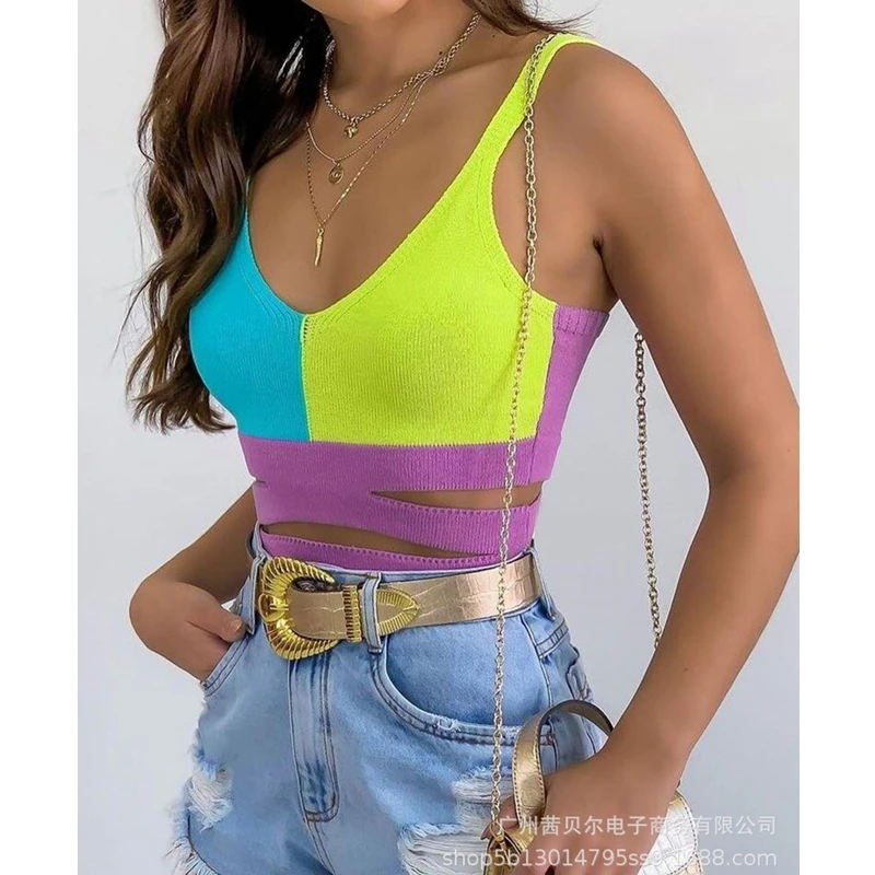 

WEPBEL Slim Hollow Out Vest Women's Casual Vest Summer Sexy V-neck Solid Color Stitching Spaghetti Strap Vest Top