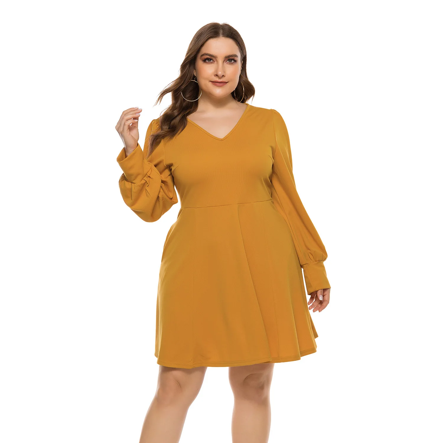 

Ladies' Size Plus Solid Color Long Sleeve Dresses платье V-Neck Dress Платья