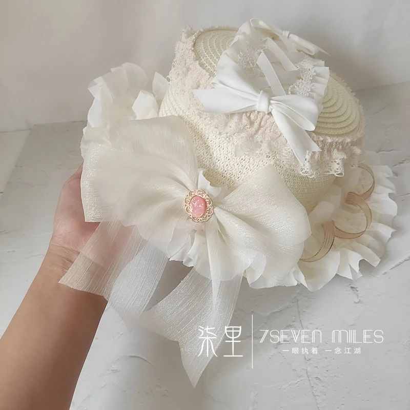 

Cream Puff Gentle Lovely Lolita Straw Hat Flat hat Mori Girl Tea Party Princess Flower Wedding Lace Ruffle Bow Vintage Beach cap