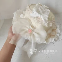 cream puff gentle lovely lolita straw hat flat hat mori girl tea party princess flower wedding lace ruffle bow vintage beach cap