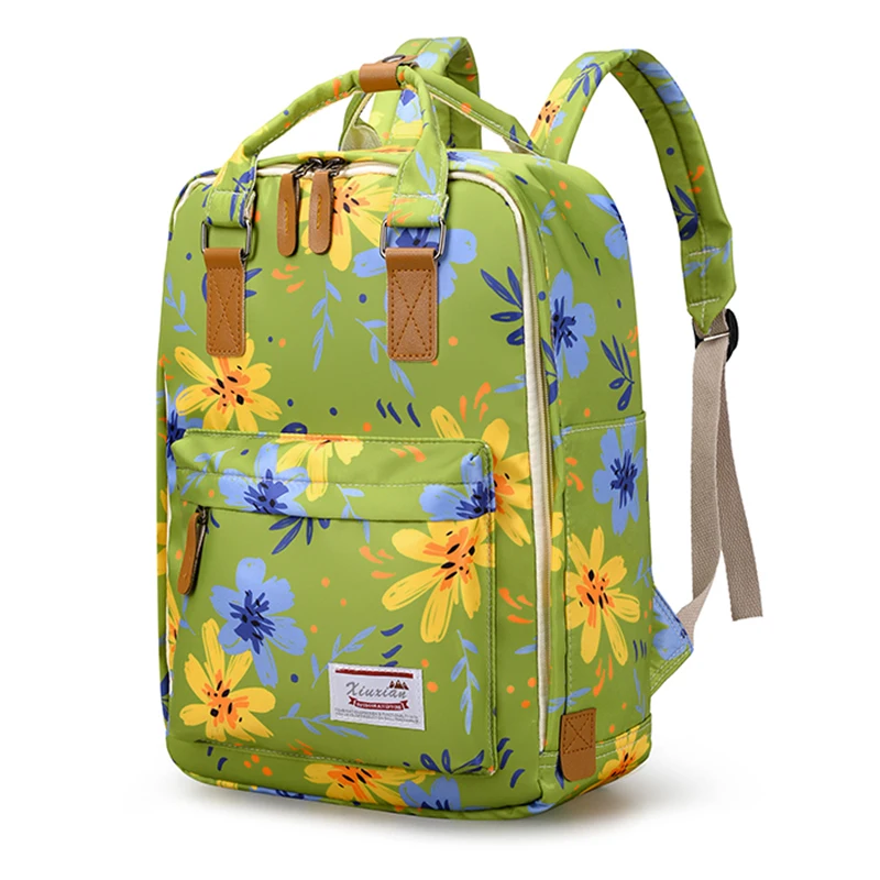 

Classic Floral Print Women Backpacks Waterproof Nylon Gilrs School Laptop Bag Pack Green Leaves Casual Travel Rucksack Mochila
