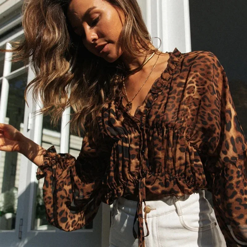 

Darcydebie Autumn 2020 new leopard print women's sexy long sleeve lace up cardigan top women
