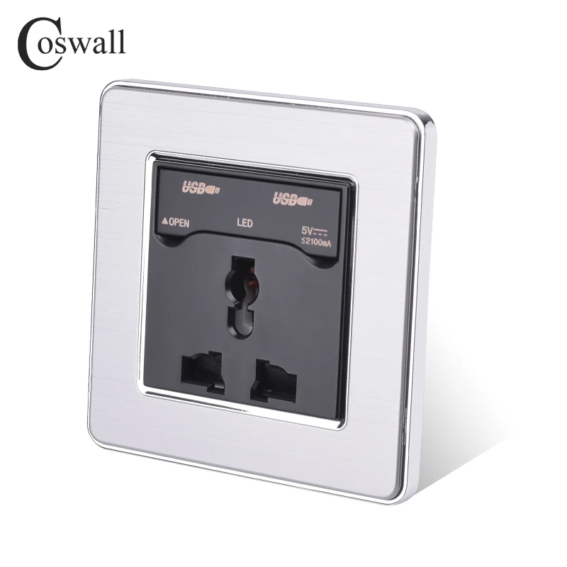 COSWALL 13A Универсальная Розетка с двойным USB зарядным портом, выход 2.1A, светодиодный индикатор, настенная розетка, панель из нержавеющей стали