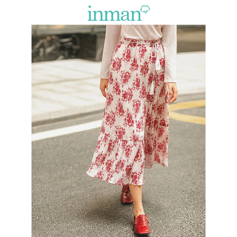 INMAN 2019 Autumn New Arrival Elastic Waist Floral Literary Young Girl Romantic Slim Chiffon Women Skirt | Женская одежда