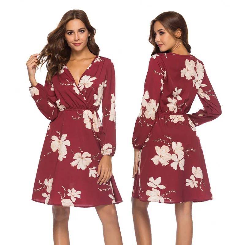 

Baiyinyan 2022Spring new European and American sexyVLong-sleeve printed chiffon dress with collar