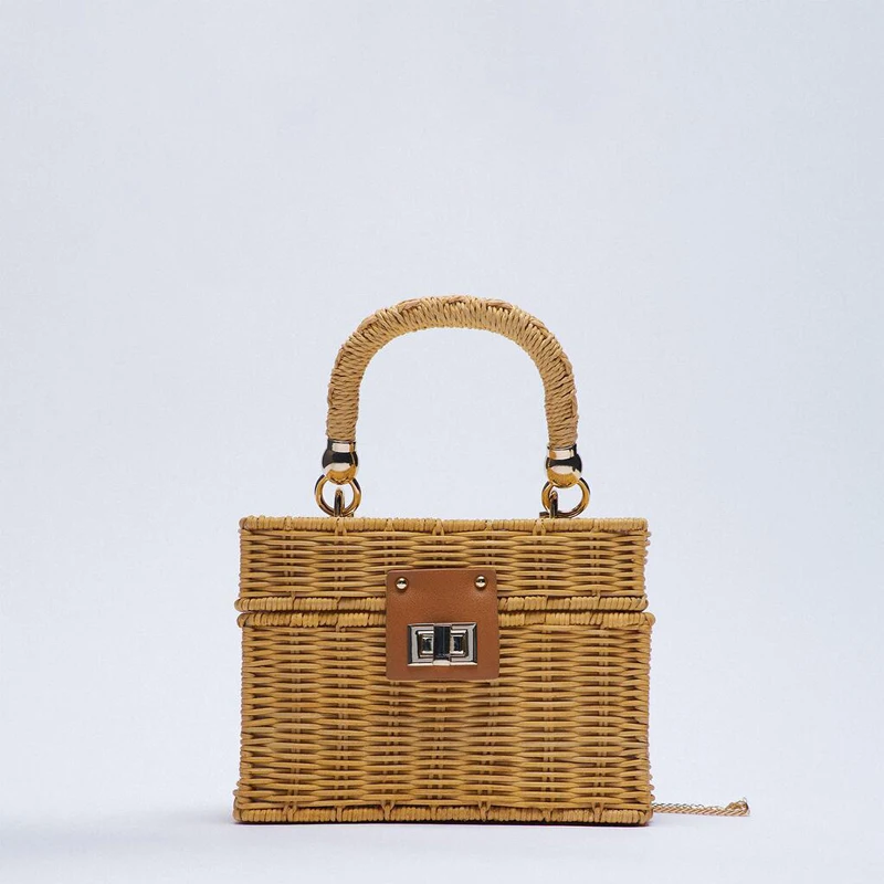 

ZA New Straw Bags for Women Metal Buckle Woven Box-shaped Bag Rattan Basket Beach Bag Purses and Handbags Luxury Designer
