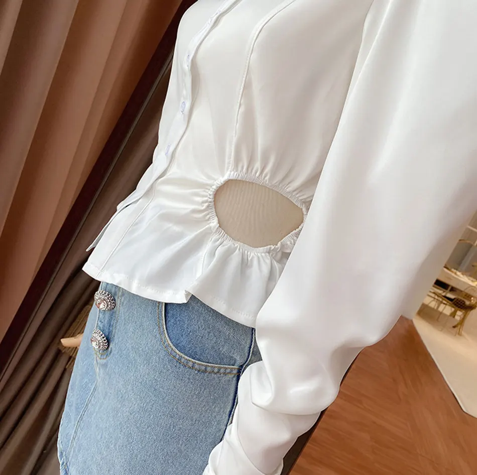 

2020 New Autumn Chic Women's Blouse Black Lapel Puff Sleeve Irregular Single Breasted Sexy Hollow Top Fashion Club Party Top