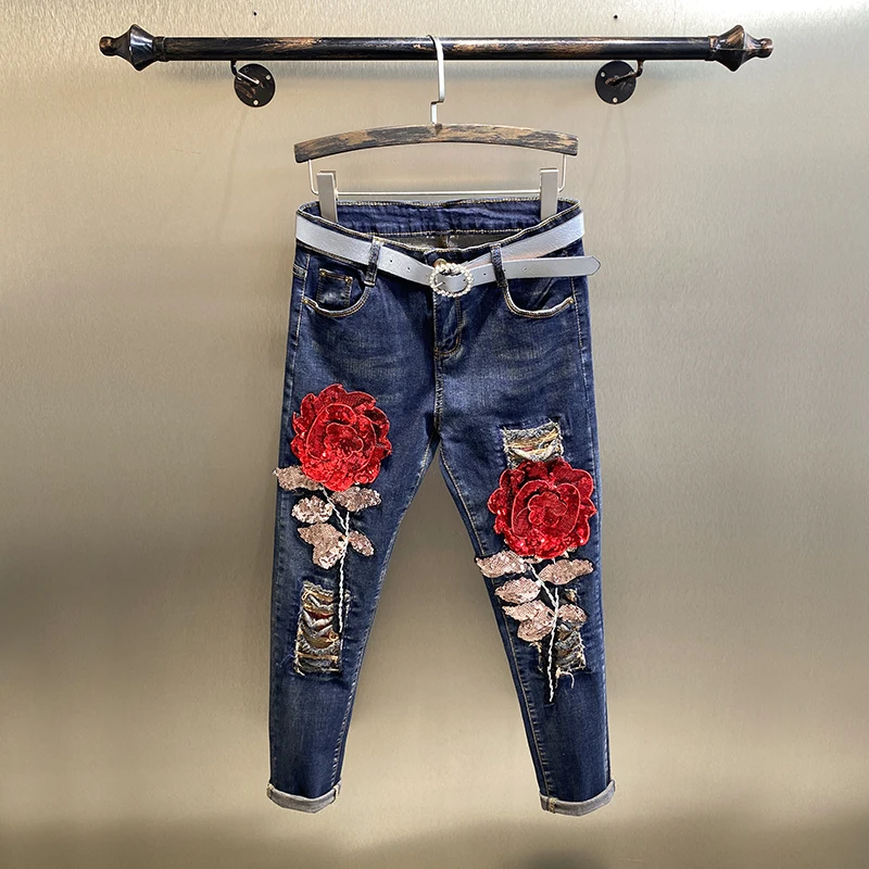 

Женские узкие джинсы с вышивкой, универсальные брюки-карандаш с завышенной талией и золотистыми блестками, весна-осень 2020