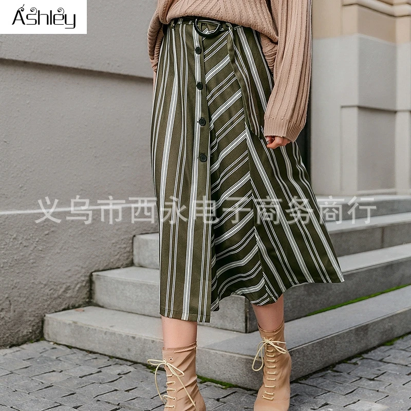 

Ashley High waist loose striped autumn skirts A-line button sashes women skirt Elegant green irregularity design bottom 2020