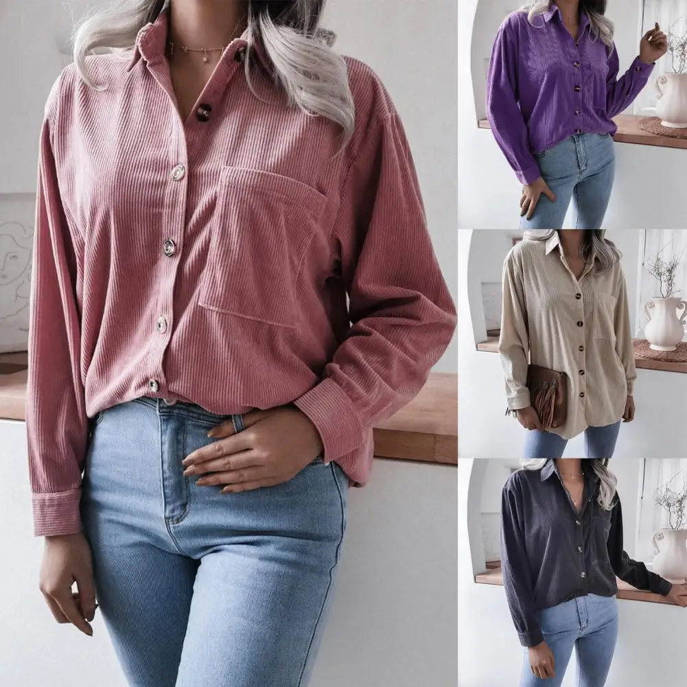 

Lady Shirt Long Sleeve Solid Color Loose Turn-down Collar Autumn Blouse for Work