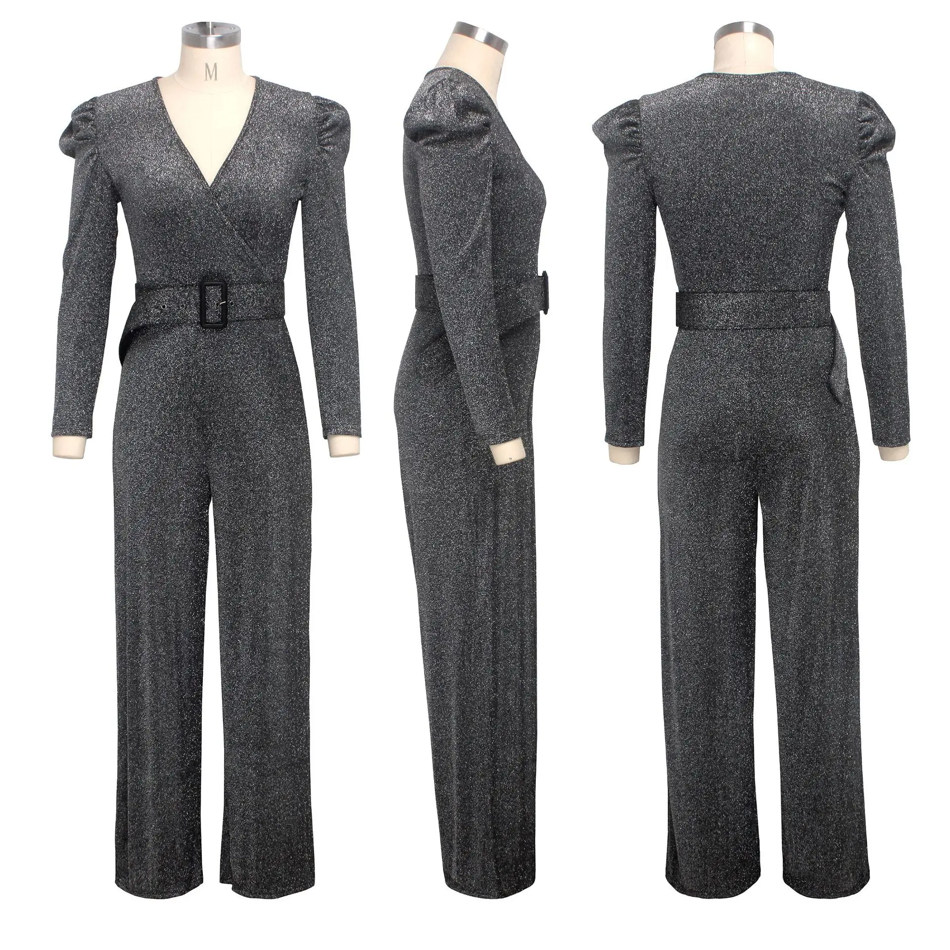 Блестящий Комбинезон с глубоким v-образным вырезом и пышными рукавами длинными