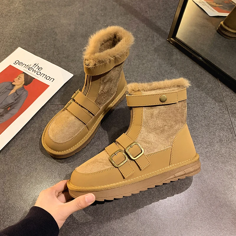 

Snow Boots Women Shoes Chaussure Femme Short Tube Cotton Boots Women's Shoes Winter Retro Belt Buckle Thick Bottom Non-slip Warm