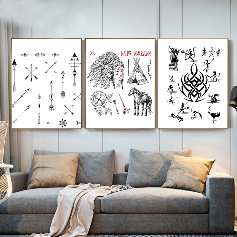 3 Панели индейцы Холст Картина постер черно белый Принт настенная живопись
