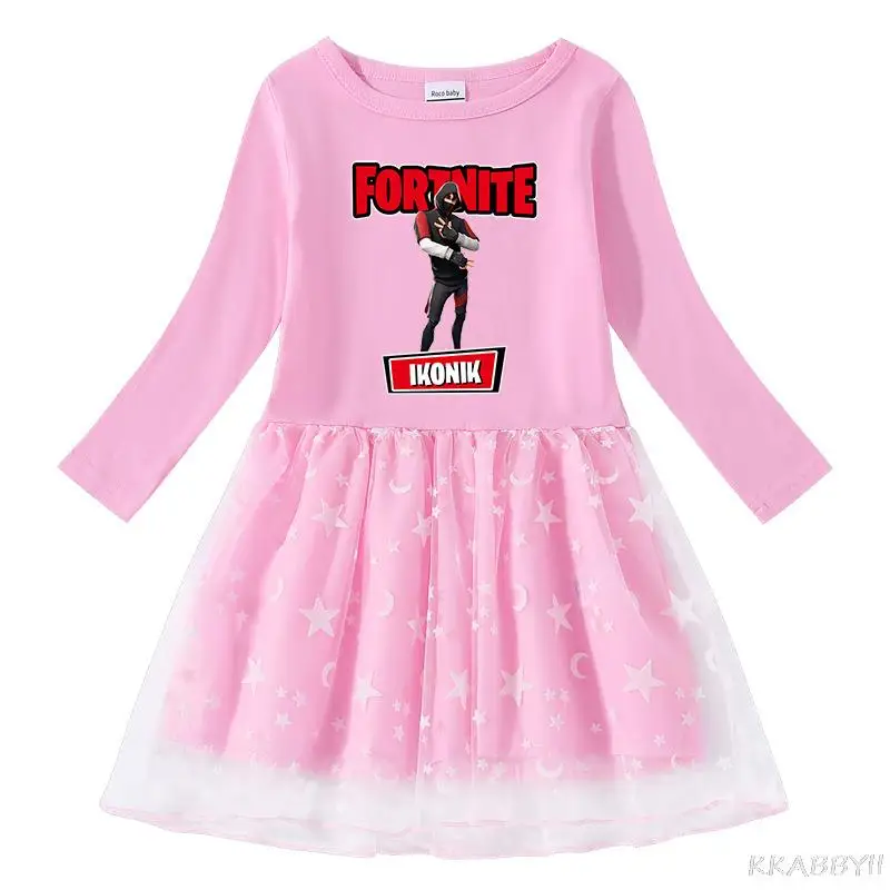 Новинка весна-осень платье для девочек Fortnites хлопковое с мультяшным рисунком