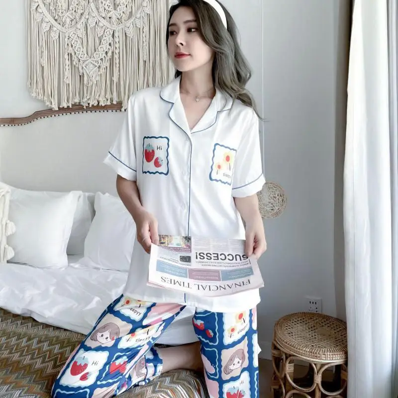 

Tulin модная Милая женская пижама с принтом сатиновый Шелковый комплект из двух предметов одежда для отдыха Повседневная Пижама рубашка и штаны мягкая Пижама Нижнее белье