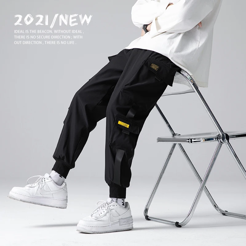 

FAKUNTN Men Ribbons Spring Summer Color Block Black Pocket Cargo Pants 2021 Harem Joggers Men Harajuku Sweatpant Male Hip Hop