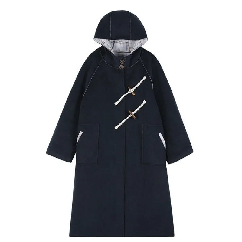 

Vintage Preppy Style Women Wool Blends Cloak Overcoat Fashion Autumn Loose Fit Horn Button Hooded Long Jacket Female Wool Coat