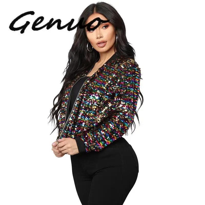 

Genuo Women Bomber Jacket Colorful Sequined Glitter Bling Bling Sequin Coat Women Long Sleeve Zipper Cool Street Club Wear 2019