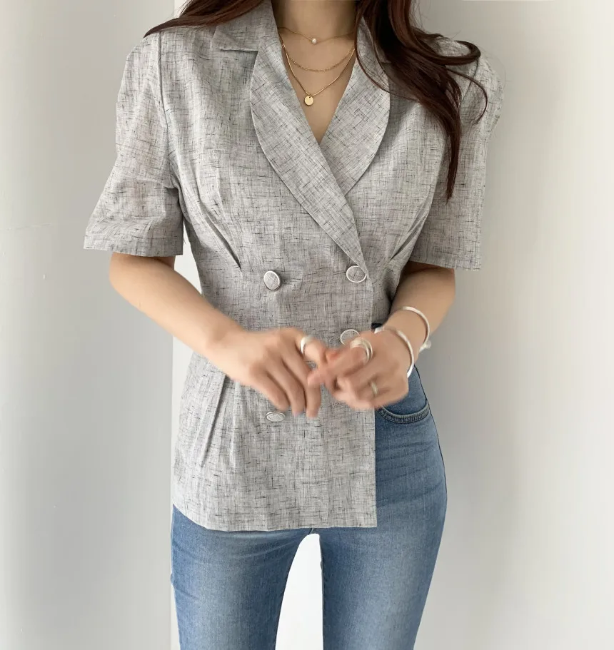 

2021 Summer Korean Causal Women Blazer Short Sleeve Double Breasted Coat 2021 New Fashion Cardigan Jacket Chic Outwear