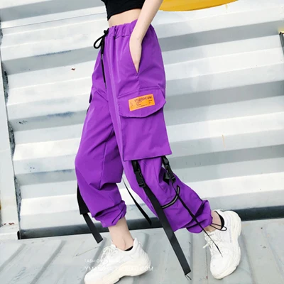 Purple April MOMO Большие Штаны карго с карманами женские свободные повседневные штаны с высокой талией мешковатые тактические брюки хип-хоп джоггеры женские - Цвет: Purple