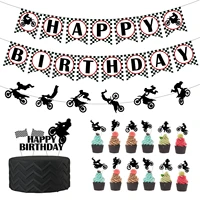 motorcycle sports theme birthday party decoration set black and white checkerboard banner cake toppers for boys moto fans