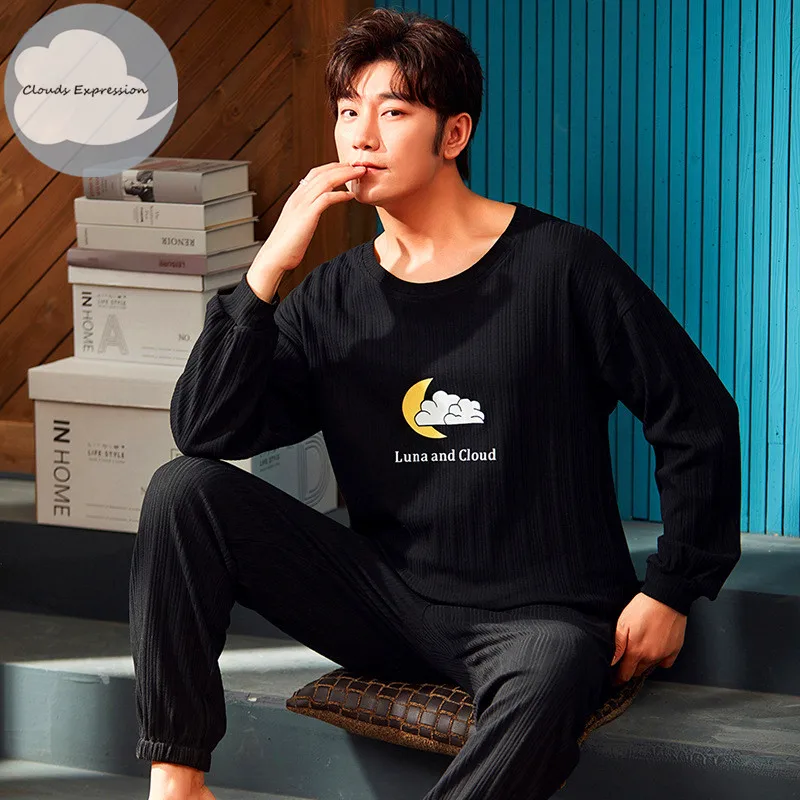 

Autumn Winter Men's Cotton Pajamas Letter Striped Sleepwear Cartoon Pajama Sets Casual Sleep&Lounge Pyjamas Plus Size 3XL Pijama