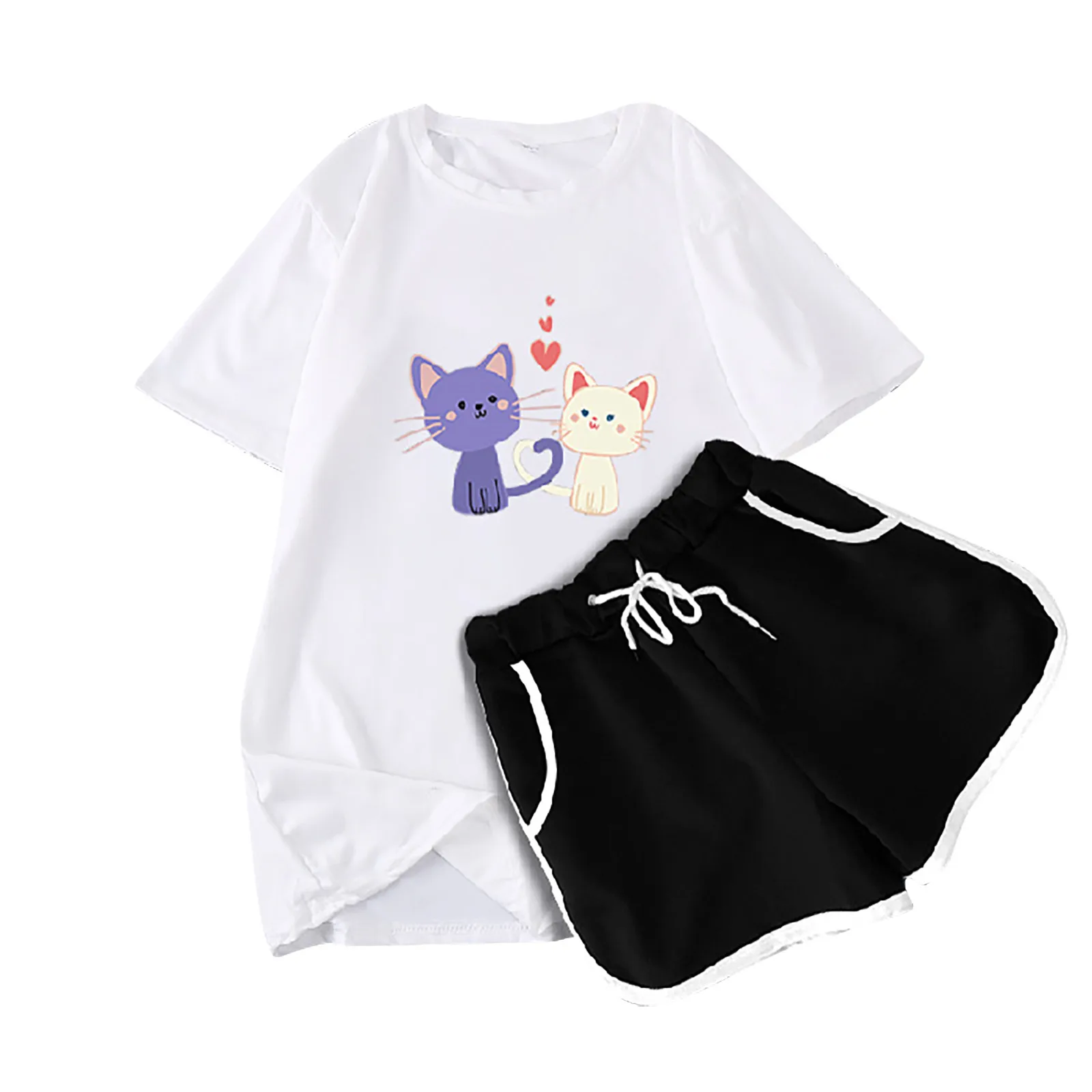 

Женский Повседневный костюм из двух предметов, футболка с коротким рукавом и шорты с круглым вырезом и вставками, лето 2021
