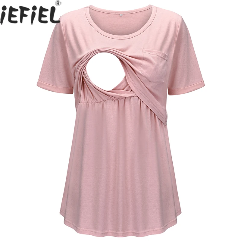 

Casual Womens Pregnant Maternity Clothes Nursing Tops Short Sleeve Pocket Breastfeeding T-Shirt Pregnancy Maternity Tshirt Tees