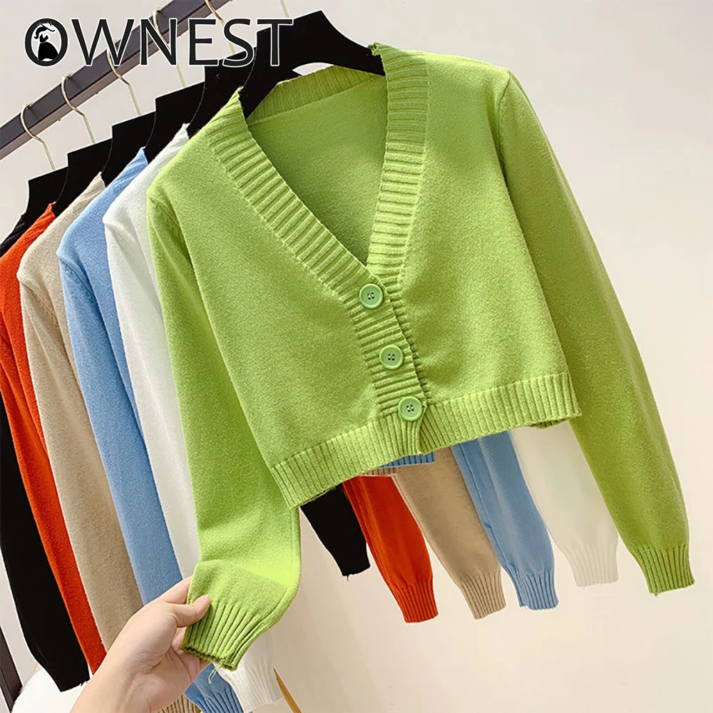 

Ownest Knitted Crop Cardigan Women Korean Short Sweater Long sleeve V neck Green Blue 2020 New