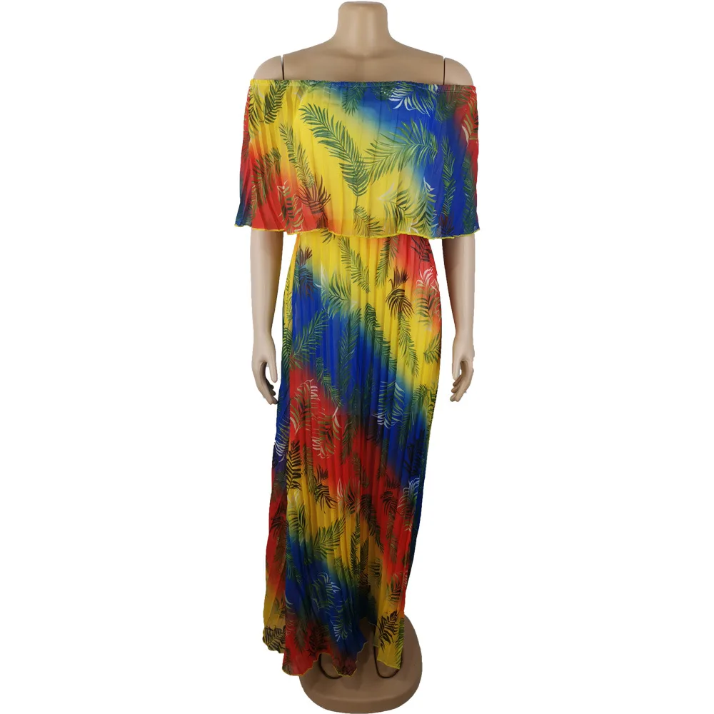 

Off Shoulder Rainbow Print African Dresses for Women Vetement Femme 2021 Summer Sundress Fashion Dashiki Africa Long Maxi Dress