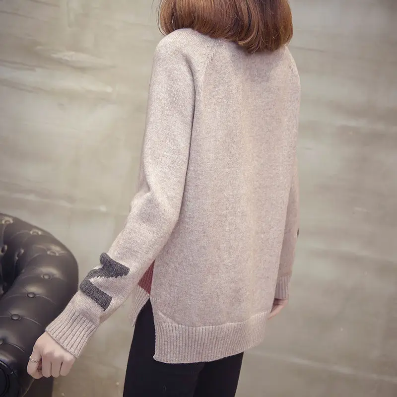 

Letter Stitching Sweater Women Loose Pullover Long Sleeves Net Red Thick Side Split Bottoming Knitted Jumpers Female 2020 Spring