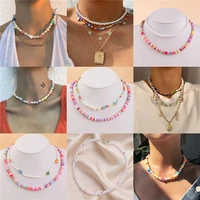 lxy w vintage fashion multilevel sweet style colorful beads flower artificial pearl chain necklace for women boho choker jewelry
