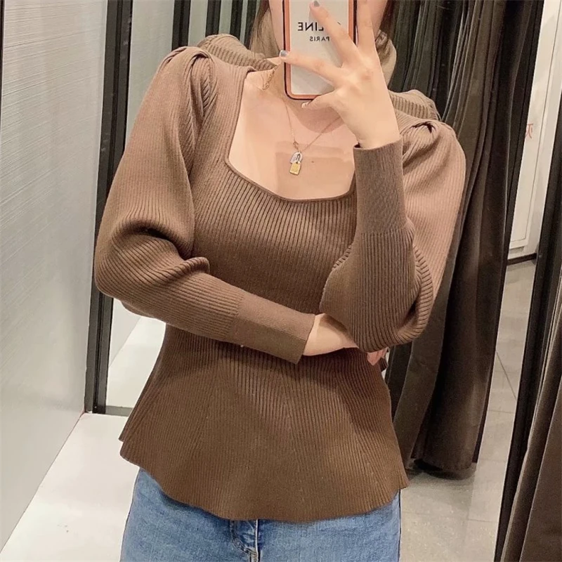 

Elegant Women Solid Square Collar Sweater 2020 Fashion Ladies Flare Knitted Tops Streetwear Female Sweet Pullovers Chic Girl