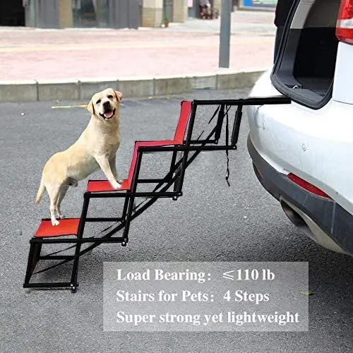 

XKISS 4 Steps Red Folding Dog Steps for Car Lightweight Portable Cat and Dog Ladder with Non-Slip Bottom Suitable for Cars SUVs